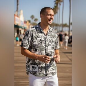 Panama Jack Rayon Motorcycle Club Maui Hawaiian Shirt Gray Men Size L Vintage